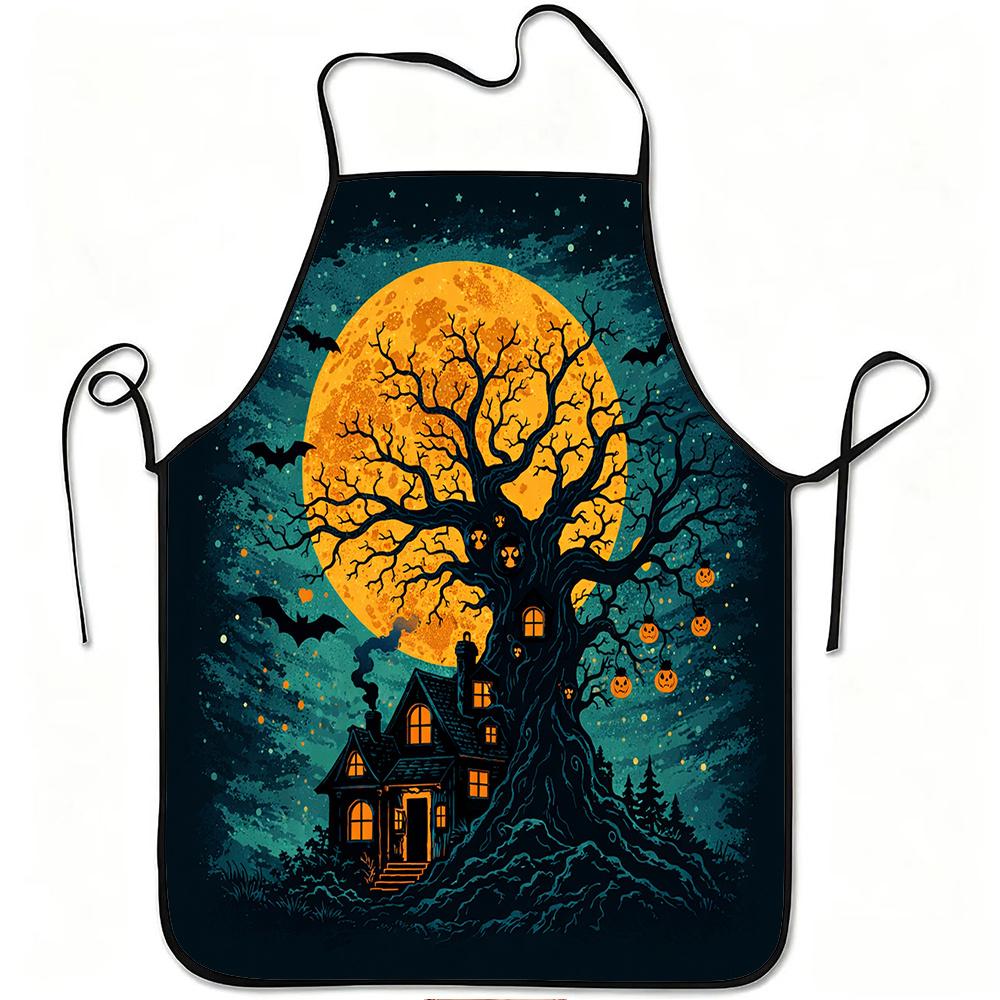 1pc Haunted House Apron with Full Moon, Bats & Pumpkin Lantern Print - Adjustable Waistband, Durable Easy-Clean Polyester Suitable for Kitchen Cooking