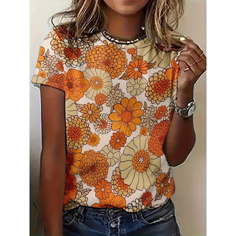 Summer Flower 3D Printing Fashion Street Trend T-Shirts Casual Loose Short Sleeve Round Neck Women's T-Shirts