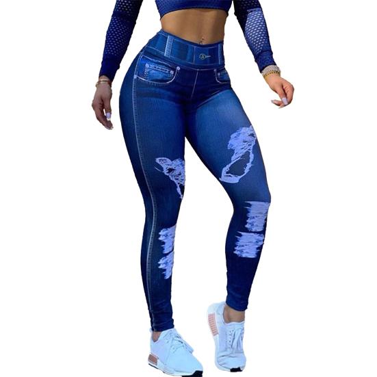Women Pants High-Elastic Tight-Fit Fabric Imitation Jeans Leggings with Pockets Printing Ergonomic Tailoring Yoga Pants