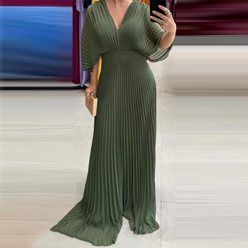 Women's Solid V Neck Batwing Half Sleeve Pleated Maxi Dress High Waist Formal Evening Gown XS-3XL