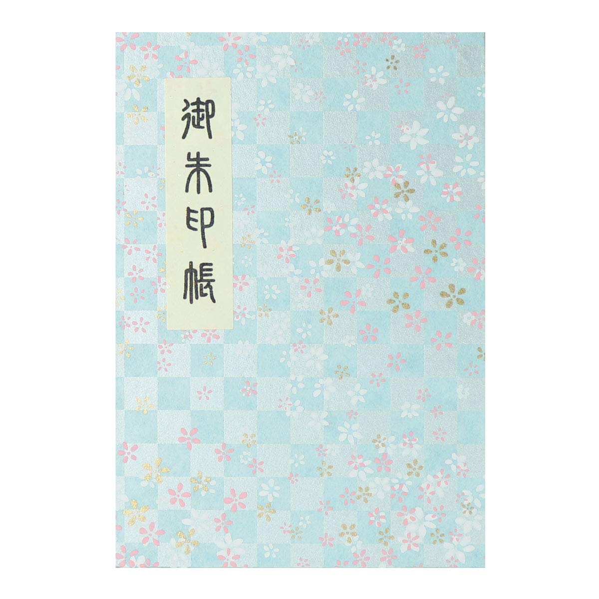 40-page goshuincho (stamp book) with accordion-style vinyl cover and original Hotokudo bookmark, checkered small flower pattern, light blue