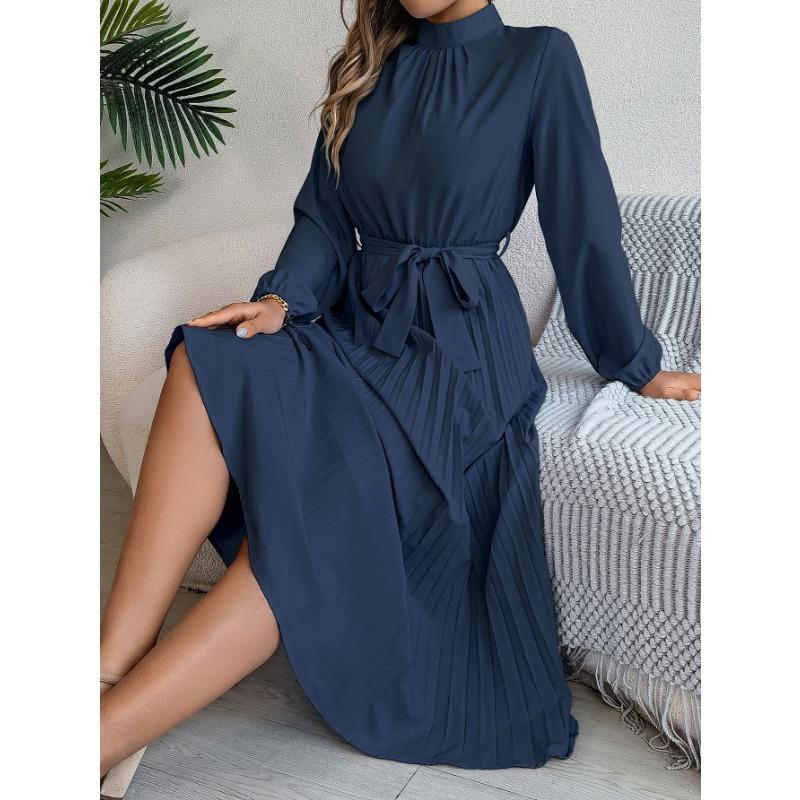 Women's Autumn and Winter Elegant Stand Collar Long Sleeve Waist Pleated Long Dress