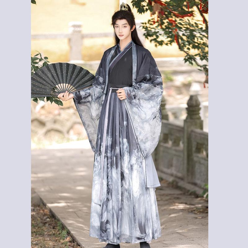 Chinese Wei And Jin Dynasties Style Hanfu Male Calligraphy Black Elegant Knight Martial Arts Suit