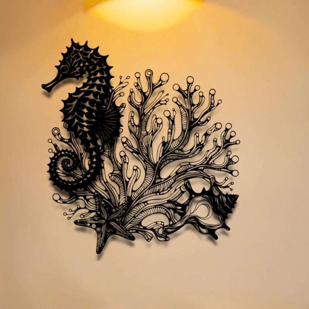 Seahorse Coral Metal Wall Art Large Coastal Iron Panel Outdoor Hanging Decor Marine Themed Housewarming Gift Nautical Farmhouse