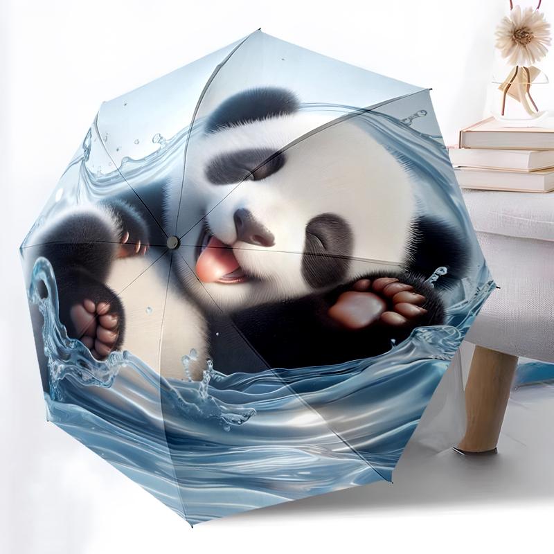 1pc Sturdy 8-Bone Auto Umbrella, Giant panda Umbrella, Digital Printed, Foldable Umbrella for On-the-Go Outdoor Use