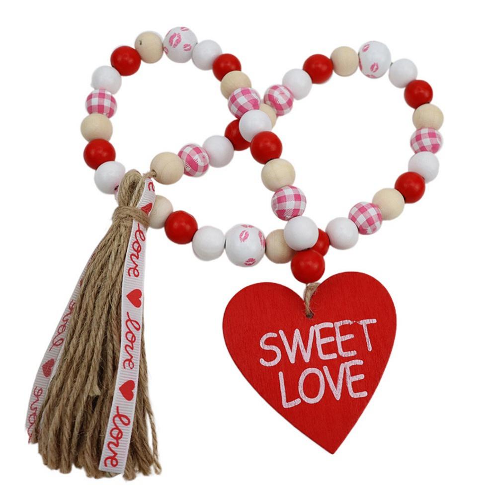 

Valentine s Day Wood Beads Wall Hanging Heart Tassel Garland