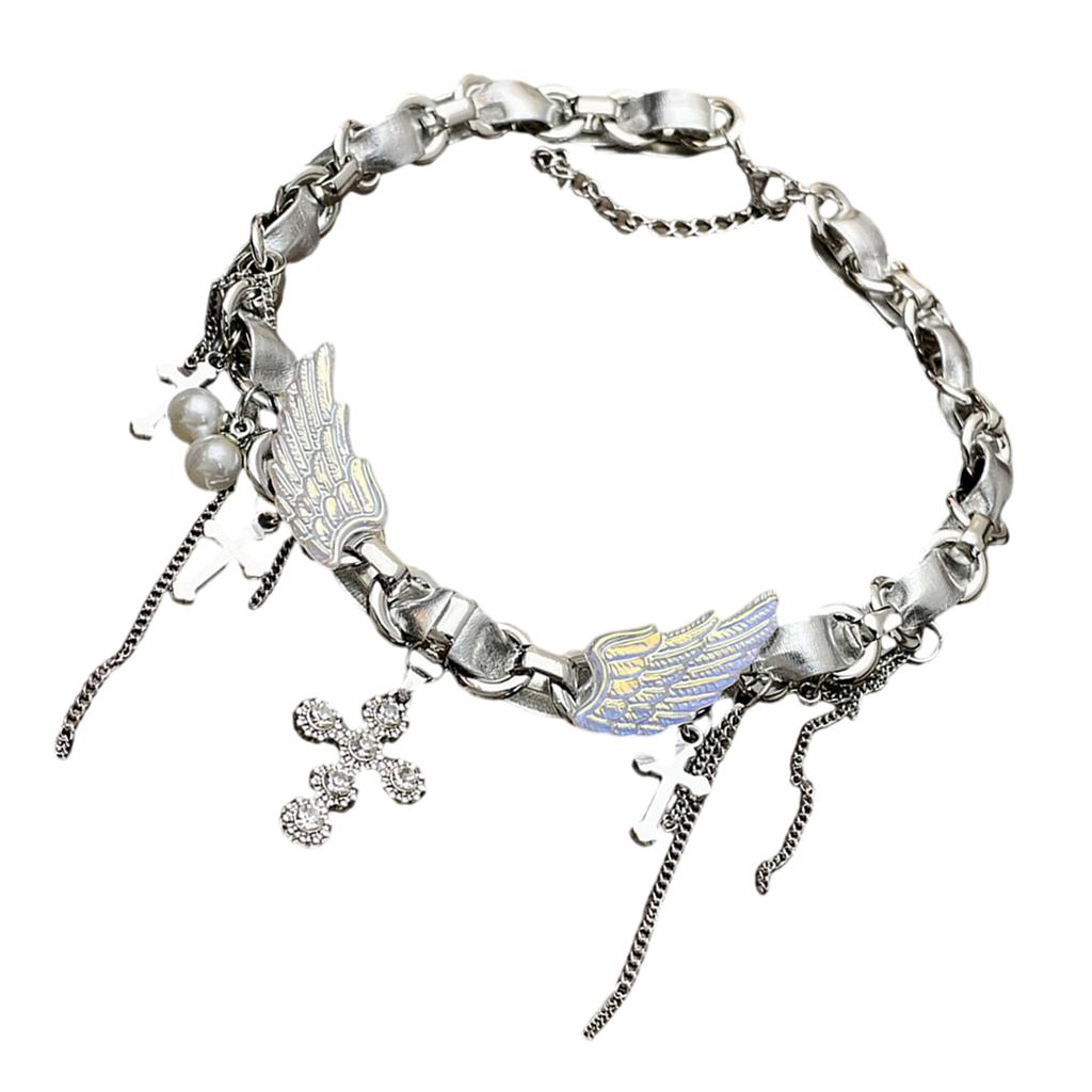 Silver Wing Crucifix Tassels Leather Choker Necklace Adjustable Length Clavicle Chain Stylish Accessory for Trendy Youth