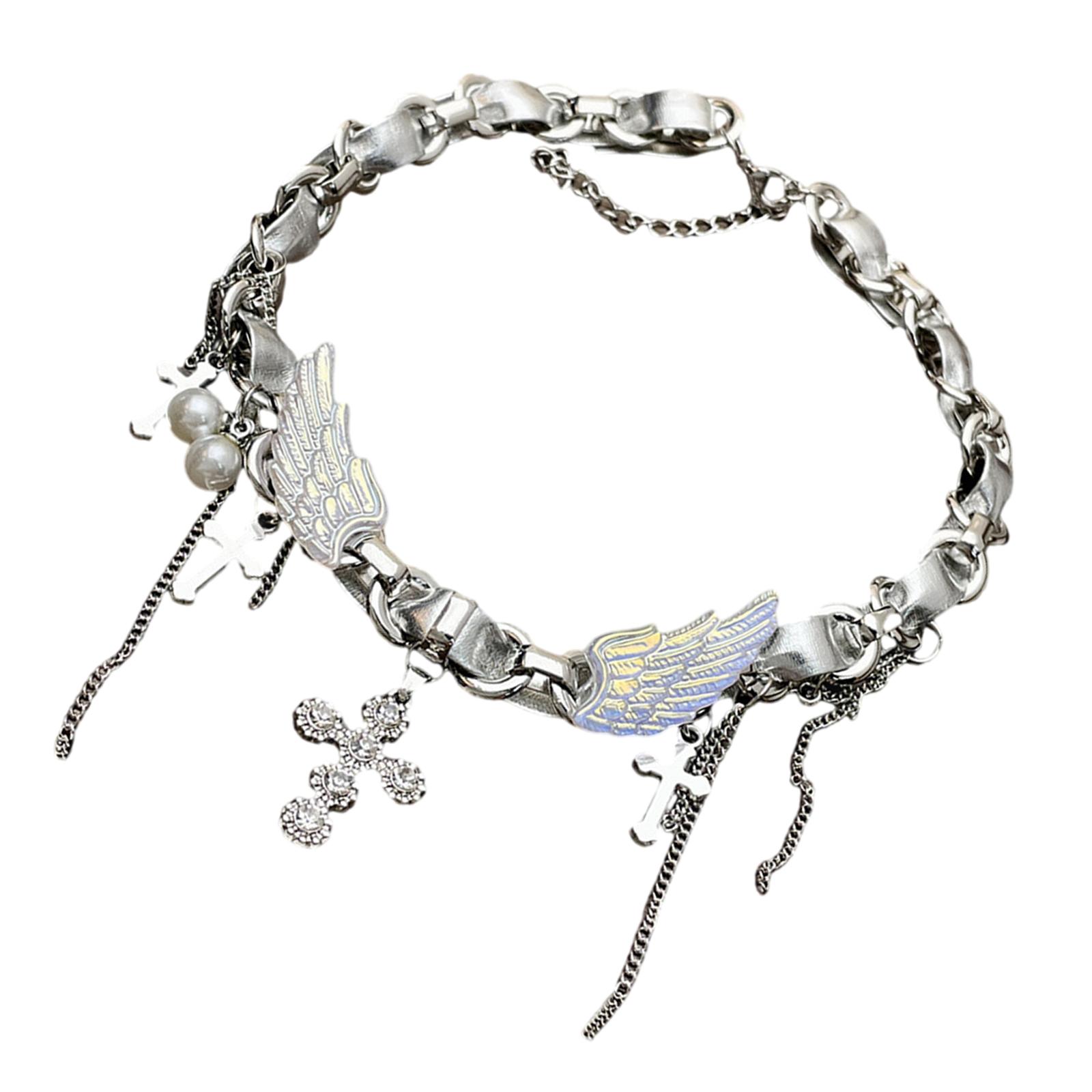 

Регулируемое ожерелье-чокер с подвеской в виде крыла и распятия, ручной работы, серебряные кисточки, шейная цепочка, украшение для любителей моды