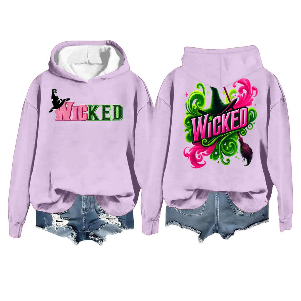 Women's Casual Long Sleeve Pullover Witch Print Hooded Sweatshirt