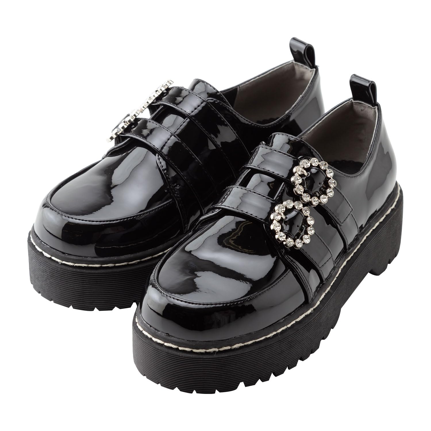 

Yumetenbou Women s Double Buckle Pumps, Black Enamel, Size 24.5cm, 530687, Mass-Produced, Landmine Style.