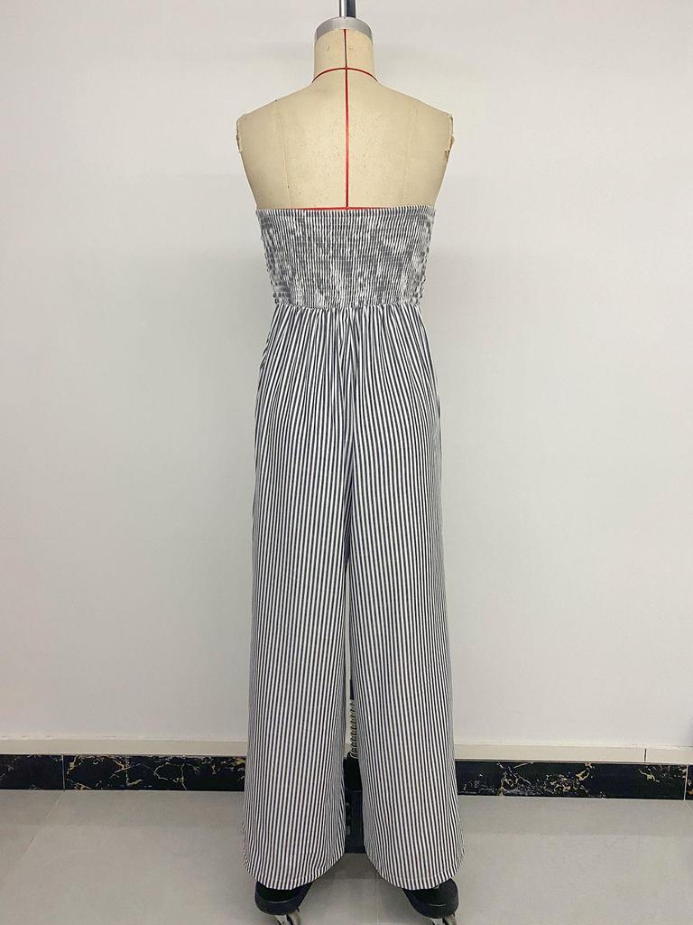 European and American Striped Jumpsuit - 2026 New Style, Ruched Bustier, Sleeveless, Backless for Women.