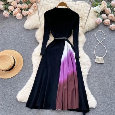 Autumn Winter Women Knitted Sweater Patchwork Pullover Pleated Dresses with Belt