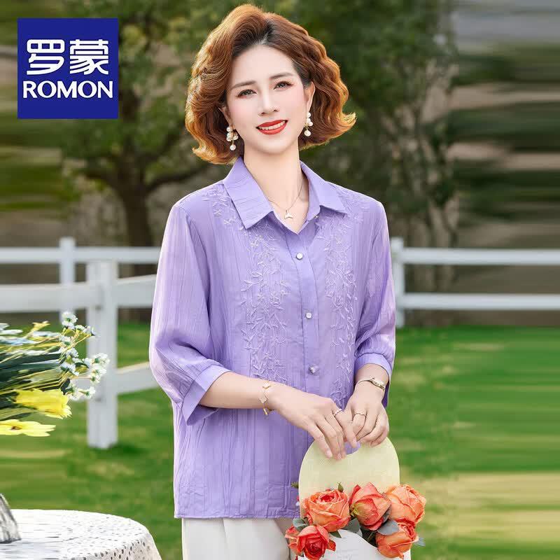 ROMON 2026 Summer Thin Embroidered Blouse for Middle-Aged Women 4XL