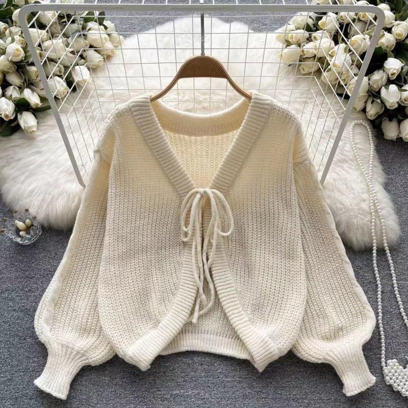 Autumn Casual Versatile Loose Lace-up Knitted Sweater Top Women's Lazy Style Loose Neck Sweater Cardigan Jacket