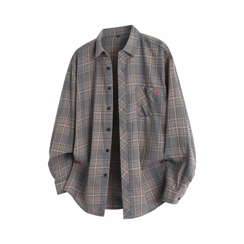 

Spring And Autumn Men S Plaid Shirt Jacket Hong Kong Style Men S Casual Loose Long Sleeve Shirt M серый