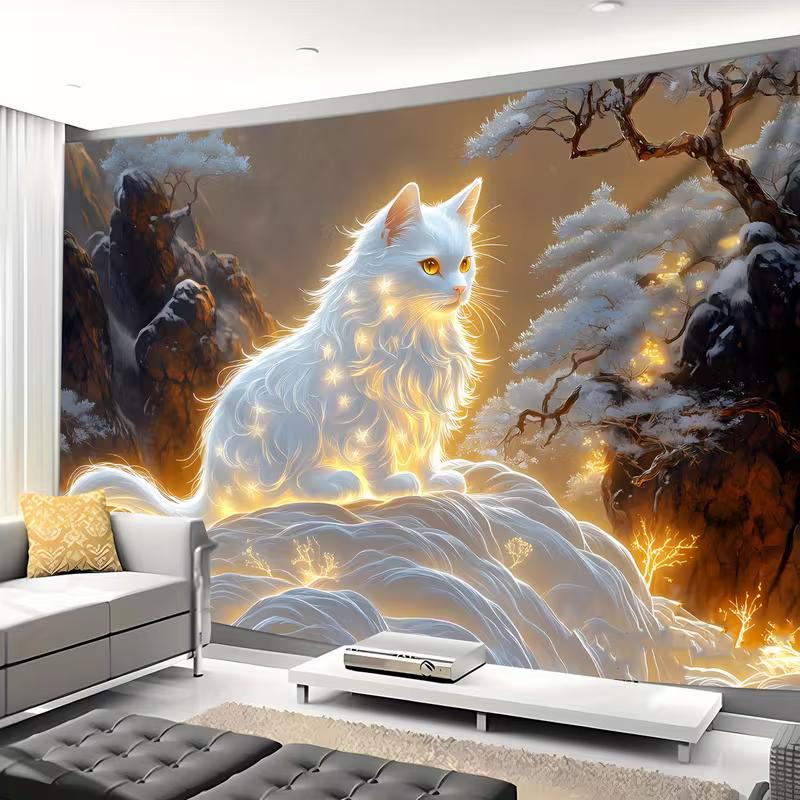 

2D Glowing White Cat Backdrop Cloth, Magical Fantasy Landscape Photography Background 47.2x31.5inch/120*80cm