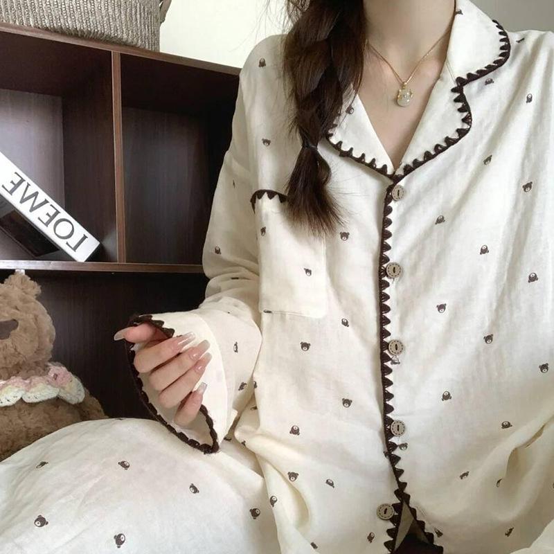 

Women s Ins Style Long-Sleeve Pajama Set - Spring/Autumn Lapel Cardigan for Students Size 2 (40-55 kg)