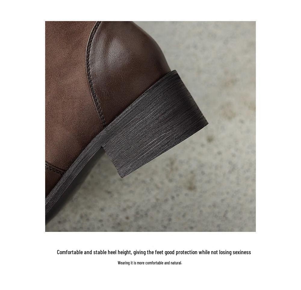 2025 Autumn Retro Chunky Heel Women's Knight Boots - Pointed Toe, Ruched Slouch, English Western Style High Boots