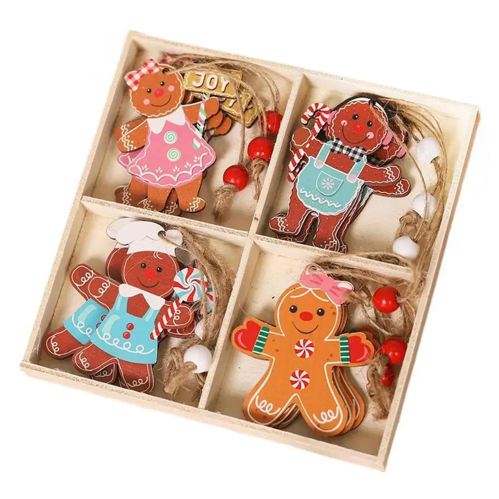 12pcs Wooden Christmas Ornaments Cute Biscuits Couple Faceless Santa Christmas Home Party Ornaments Decorations
