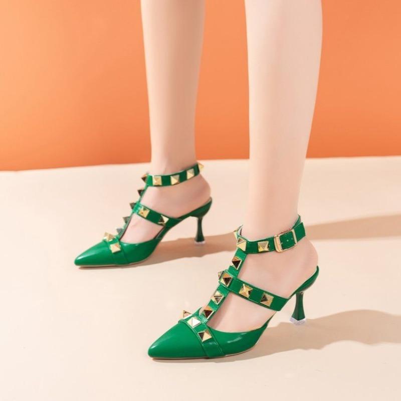 Pointed Toe Big Rivet High Heels Spring and Summer New European and American Sexy Baotou One-word Buckle Stiletto Sandals