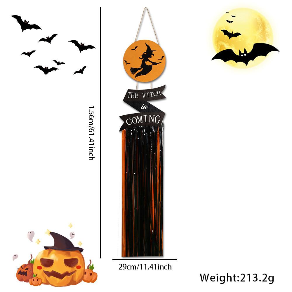 Halloween Eyecatching Wooden Sign With Rainy Tassels Featuring Bats Witches And Skeletons Decor For