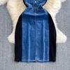 Elegant Korean Style Denim Patchwork A-Line T-Shirt Dress with Waist-Cinch and Short Sleeves