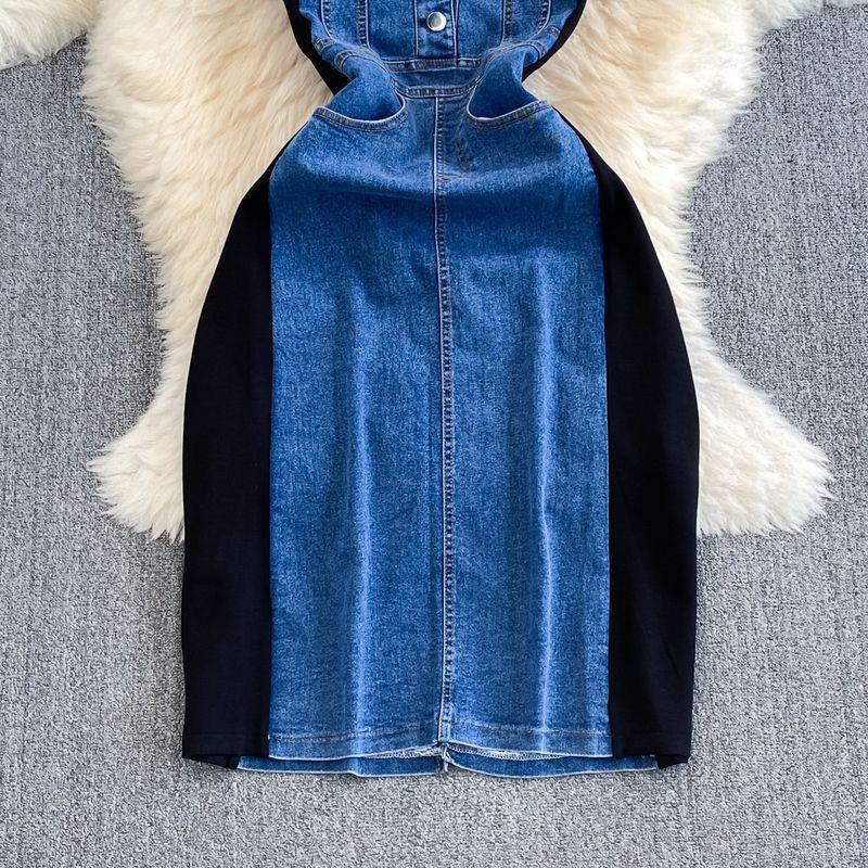 Elegant Korean Style Denim Patchwork A-Line T-Shirt Dress with Waist-Cinch and Short Sleeves
