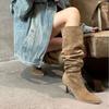 New Style Pleated Faux Suede Knee-High Boots Women Pointed Toe Slip-On Western Cowboy Boots Woman Autumn Thin Heels Long Boots