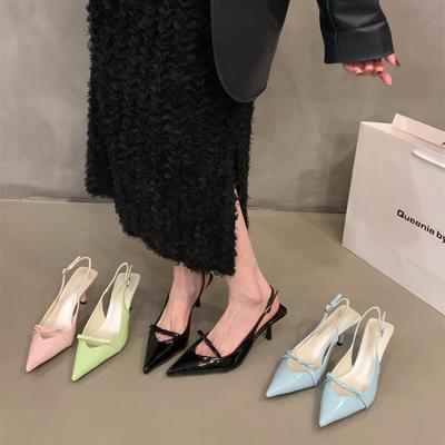 Pointed Black High-heeled Bag Head Sandals Shoes 2025 Spring and Summer French Style with Skirt Single Shoes with Medium Heel