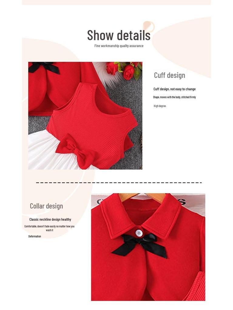 Girls' Red Patchwork Two-Piece Set: Bow Cardigan & Dress