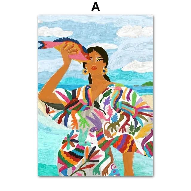 Vintage Oil Painting Girl Portrait Tropical Flower Parrot Wall Art Canvas Posters And Prints Wall Pictures For Living Room Decor