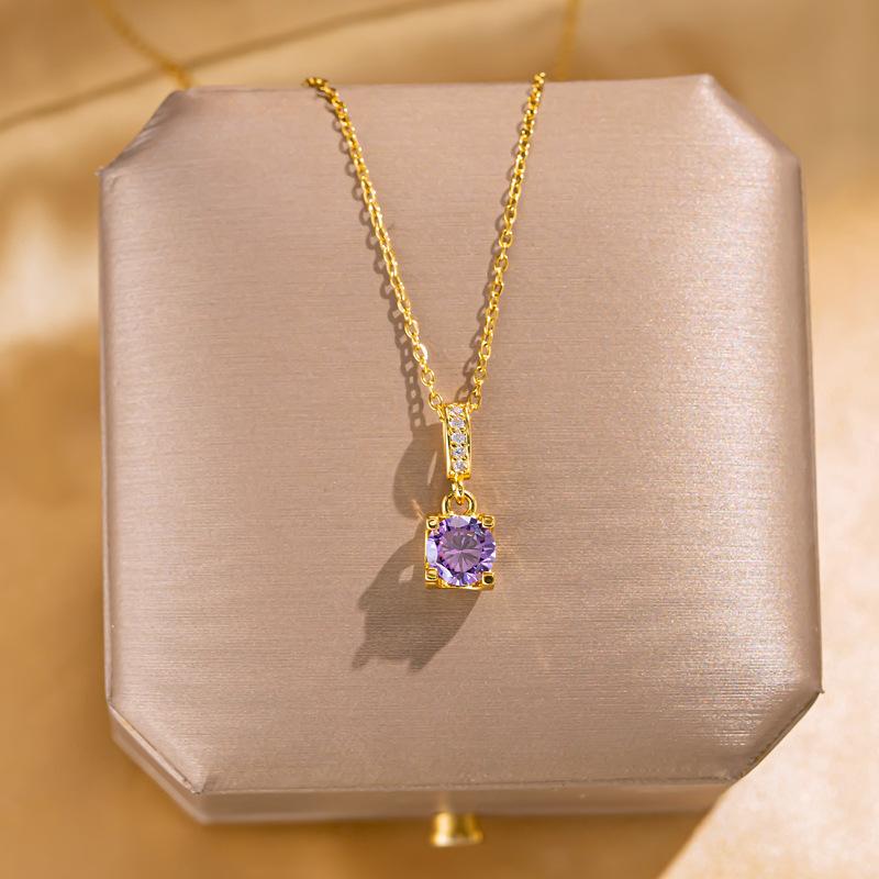 Titanium Steel Purple Square Cubic Zirconia Pendant Necklace Delicate Micro Pave Clavicle Chain Fashion Versatile Jewelry Titanium steel chain copper pendant