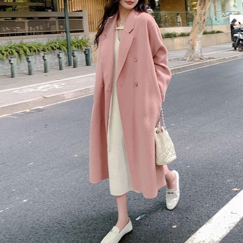 

Женское высококачественное шерстяное двубортное пальто: Средняя длина, Свободный крой, Корейский стиль, Осень/Зима 2025 3XL розовый