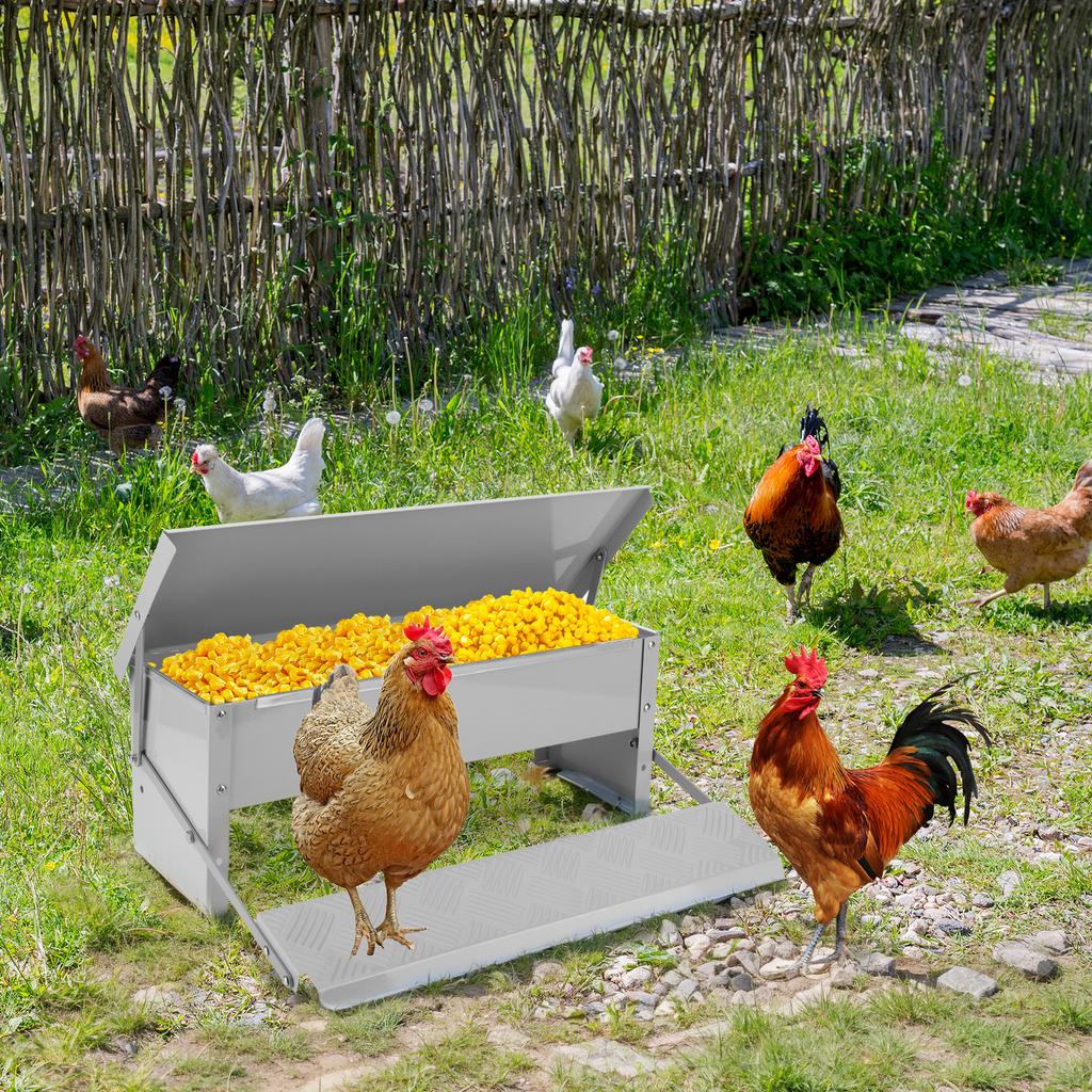 Automatic Chicken Feeder with Weatherproof Lid Rat Proof Chicken Feeder Metal Chicken Feeder for Chickens Geese Ducks Turkeys