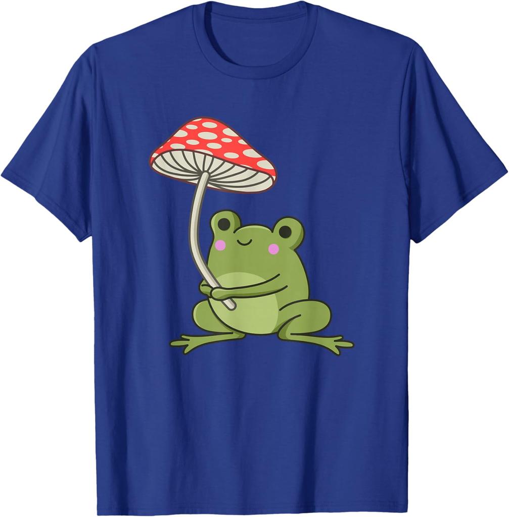 Frog Holding Mushroom Aesthetic Cottagecore Mycology Lover Graphic Tee Casual Trip T-Shirt