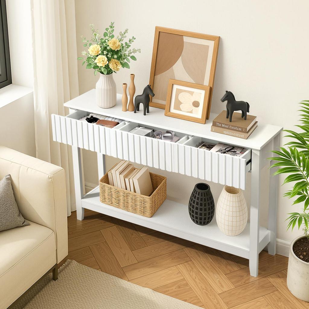 Modern Console Table with 3 Drawers and Open Storage Shelf, Entryway Table Narrow Long Sofa Table Hallway Foyer Table Behind Couch Table, White