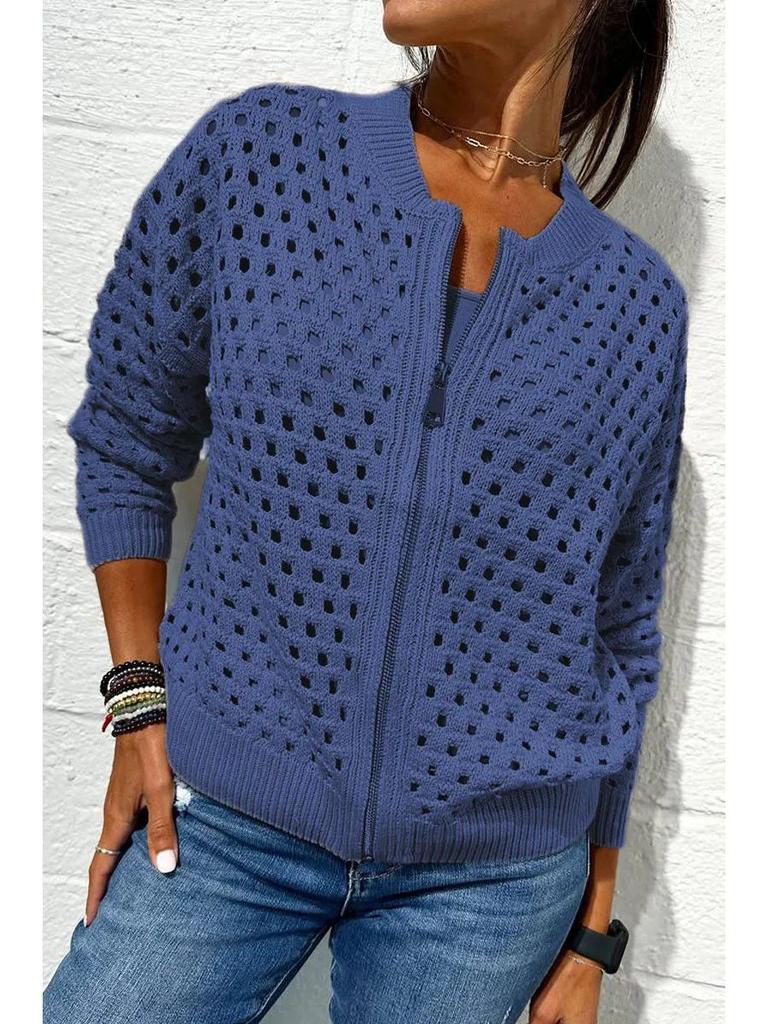 2025 Women's Casual Fashion Hollow Knit Zipper Jacket - European & American Style