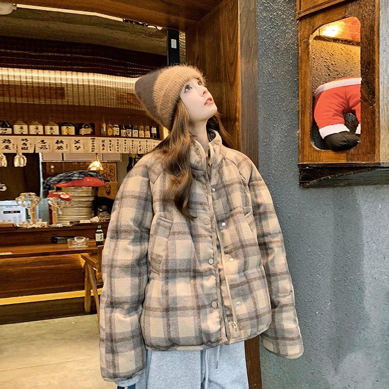 Plaid short down cotton clothes women's winter new plaid cloth loose and thin thickened cotton coat