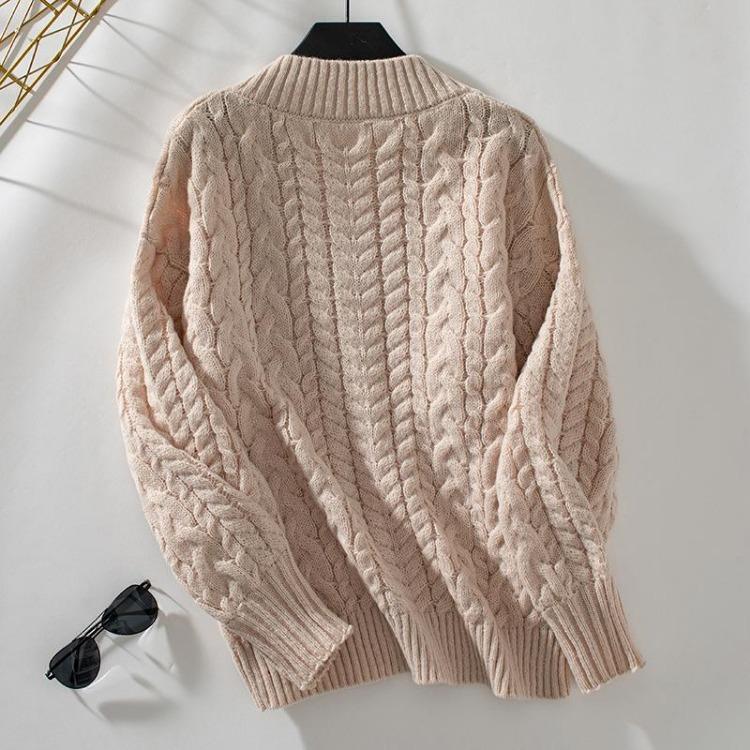 Vintage V-Neck Knitwear Sweater Loose Long Sleeve Pullover Solid Color Top Autumn Winter