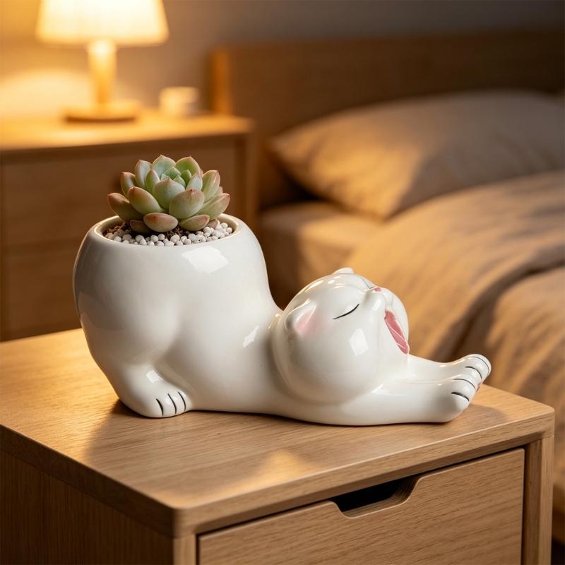 Animal Figure Ceramic Planter Flower Pot, Tabletop Plant Holder for Desk Display, Shelf Placement, Windowsill and Indoor Home Use