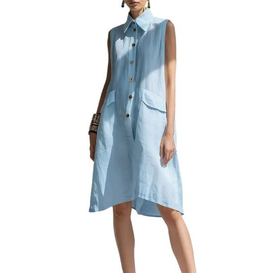 

Women s Summer Shirt Dress Button Down Sleeveless Lapel Midi Tank Dress Casual Tunic Beach Sundress with Pockets S небесно-голубой