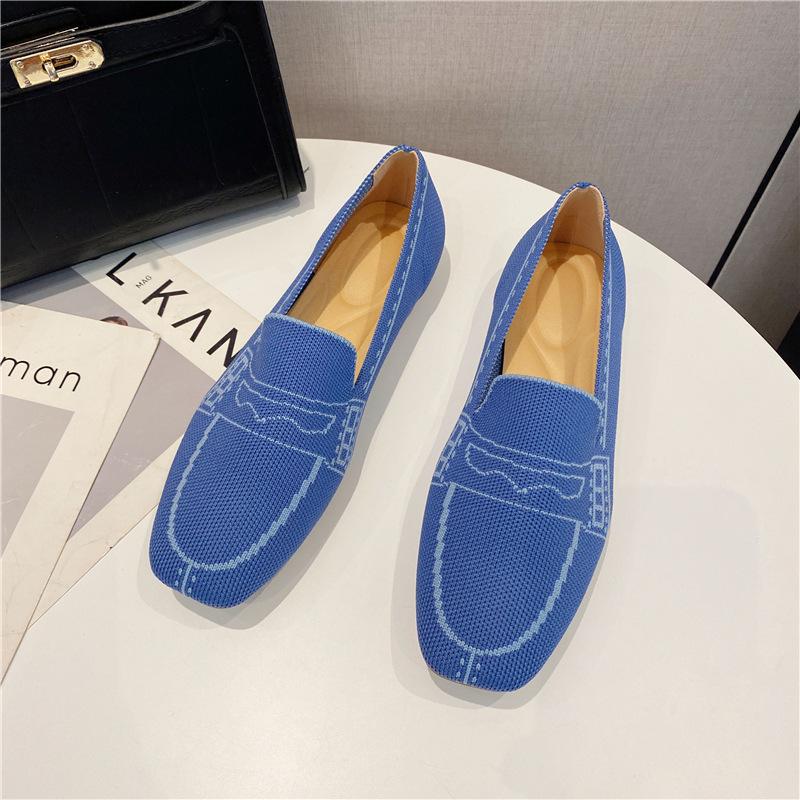 

Spring and Autumn Square Head Casual Breathable Flying Knitting Single Shoes Large Size Women s Shoes Woven Flat-bottomed Soft-soled Doudou Shoes 44