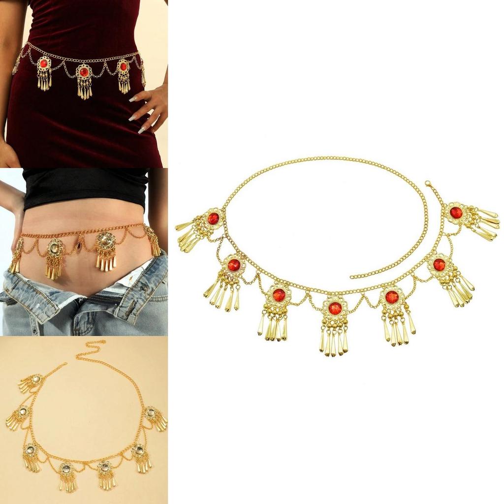 Bohemian Ethnic Red Acrylic Gemstone Fringe Waist Chain With Flower Pendant For Women