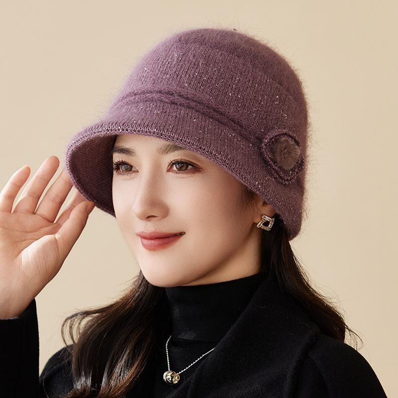

New Middle-aged and Elderly Women s Rabbit Fur Knitted Basin Hat Autumn and Winter Outdoor Riding Warm Ear Protector Wool Hat one size