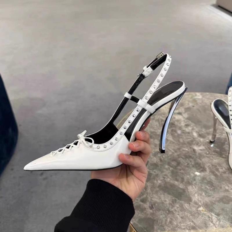 Shoes for Women Trend Pointed High Heel Shoes Strappy Bowknot Rivet Patent Leather Sandals Designer Womens Pumps Sandalias Mujer