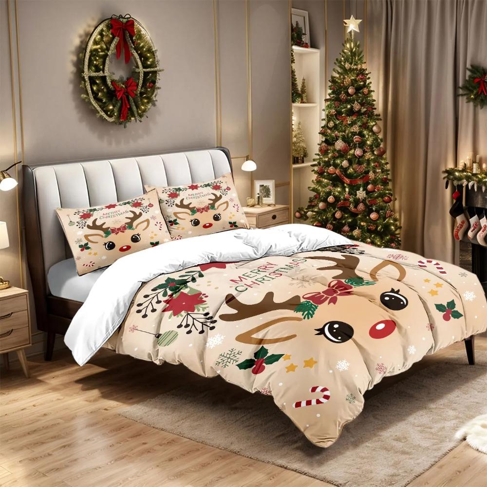 3pcs Christmas Cute Reindeer Printed Chipless Bedding Set Multi Size Bedding Decoration for Bedrooms