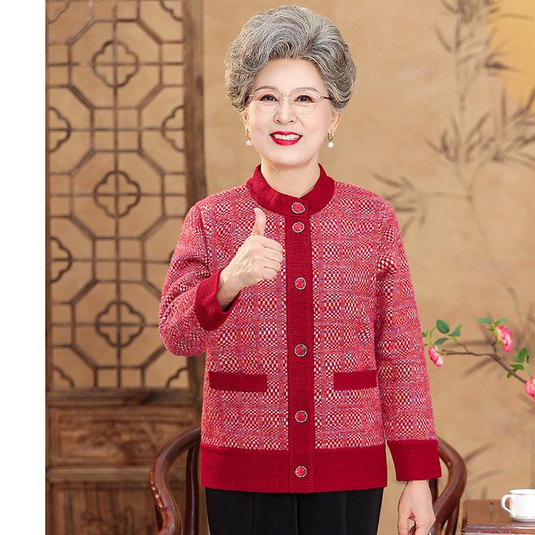 Autumn and Winter Round Neck Printing Plus Velvet Padded Knit Cardigan Women's Loose Casual Coat Middle-aged and Old New Mother's Dress