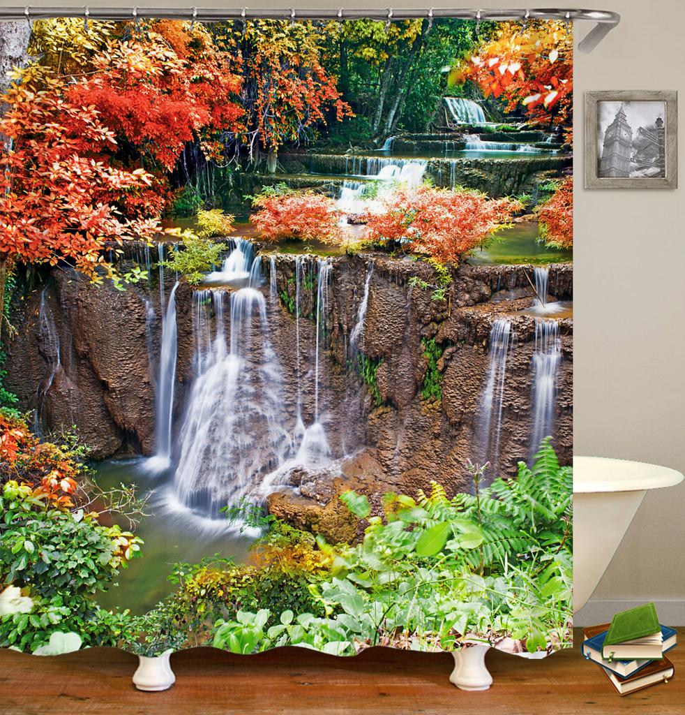 Forest Landscape Bathroom Curtain 3D Natural Scenery Waterfall Printing Shower Curtains Waterproof Polyester Home Decoration
