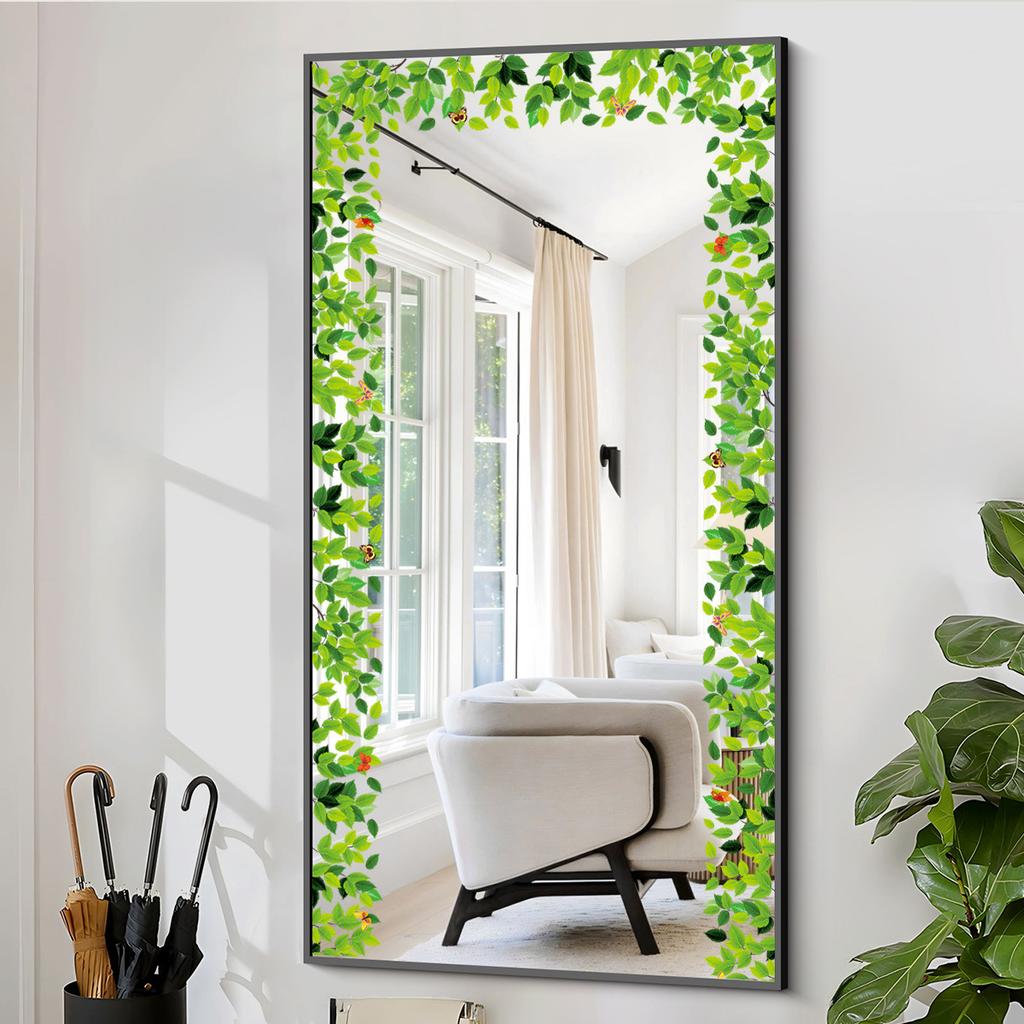 Fresh Green Vine Leaf Butterfly Self Adhesive Border Wall Sticker Bathroom Glass Mirror Frame Decor