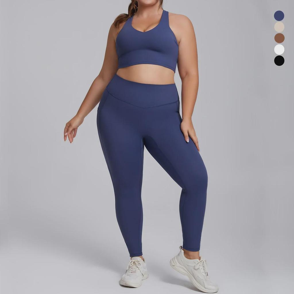 Tuta da Yoga di Alta Gamma Taglie Forti: Abbigliamento sportivo europeo e americano nudo a due pezzi con tasca.